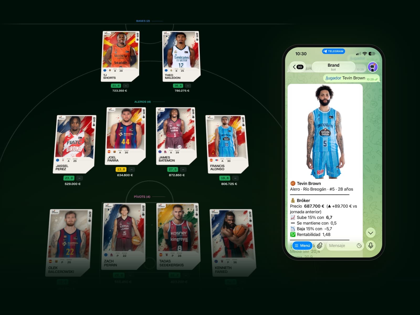 A ten-player SuperManager line-up as player cards on a basketball court, with the Telegram bot answering /jugador on a phone in front.
